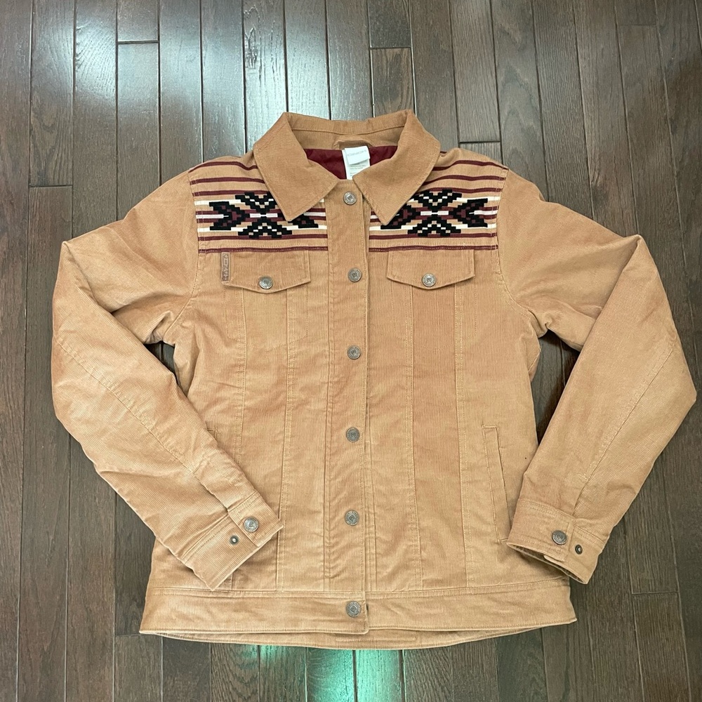 Tan Cinch Women's Jacket with Patterned Design